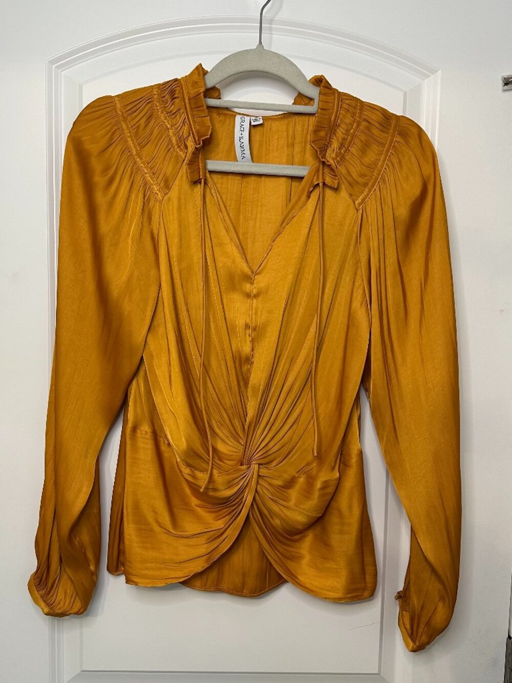 Grace + Karma Gold Satin Boho Peasant Blouse Ruched Twist Front S